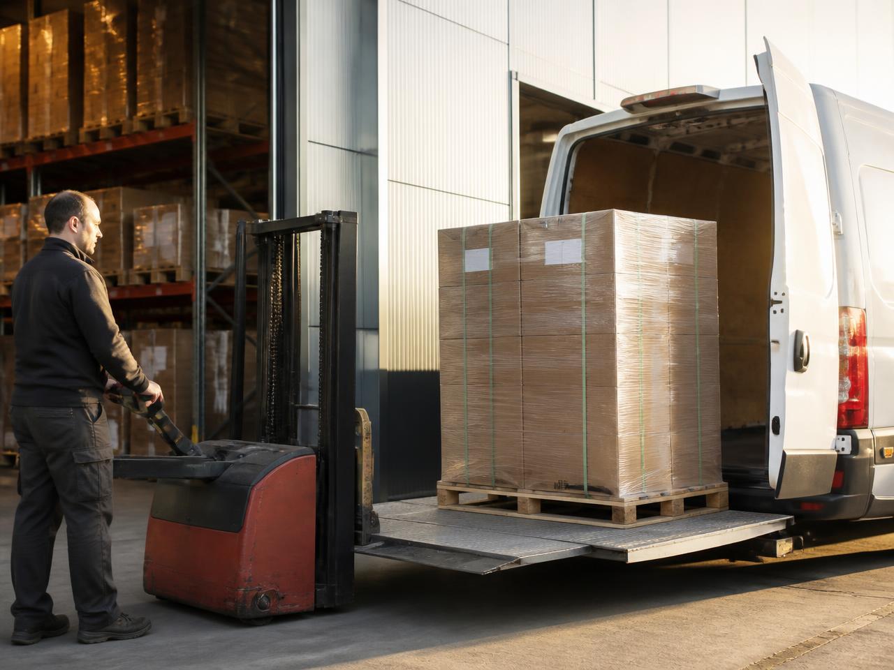 Europallet wordt met een hydraulische laadlift in de bestelbus geladen