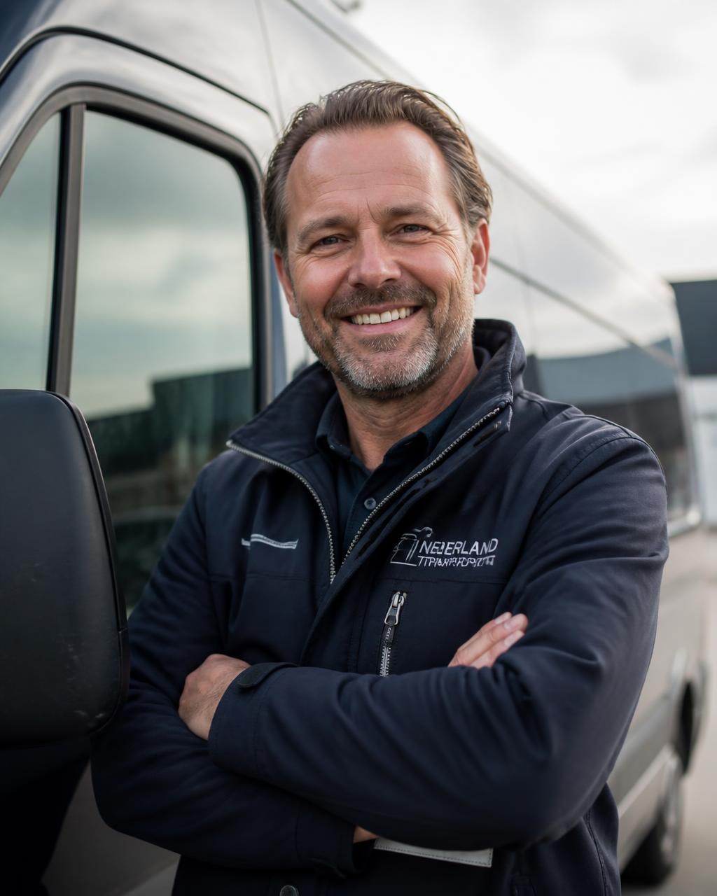 Marc, ervaren internationaal chauffeur, naast zijn transportbus